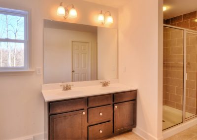 double vanity with tiled shower