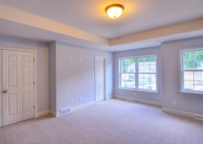 carpeted bedroom with tray ceiling